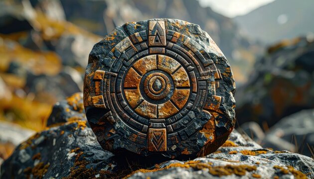 Carved stone artifact sitting on mossy rocks outdoors.