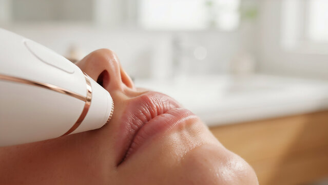 Woman using electric facial hair remover on upper lip area