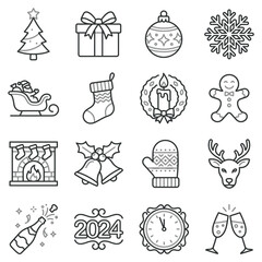 Fototapeta premium Christmas holiday and winter celebration line icon set.