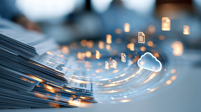 Split composition with printed documents on one side flowing into glowing digital file icons and a cloud symbol on the other bright clean background crisp graphic transition