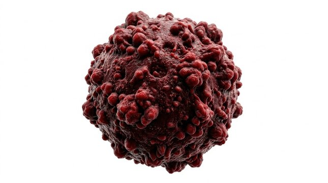 3D render of a single cancer cell, tumor cell, or malignant cell isolated on white background, medical science concept illustrating oncology, cellular biology, pathology, and disease research illus...