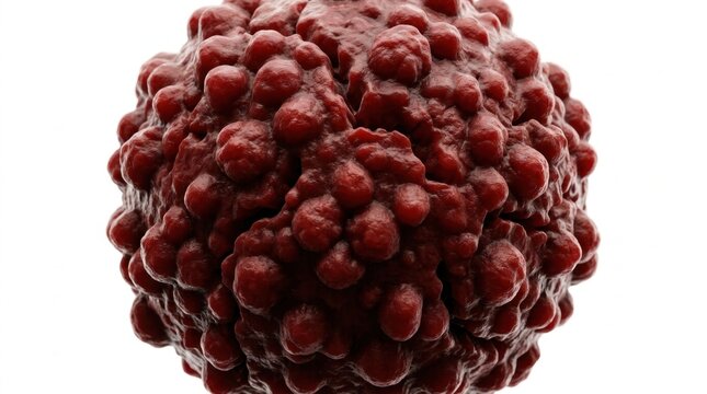 Close up microscopic view of a red virus cell, pathogenic organism, disease-causing pathogen, infectious bacterium, covid coronavirus pandemic concept, medical scientific illustration, 3D render is...