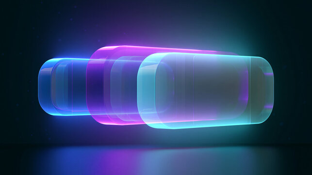 Abstract futuristic background featuring overlapping glass morphism panels and glowing neon light edges in vibrant pink purple and blue
