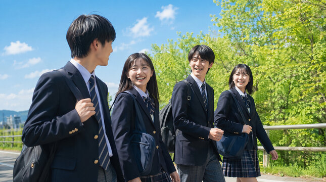 新緑の中、楽しそうに歩く高校生男女４人組　さわやかな青春のイメージ
