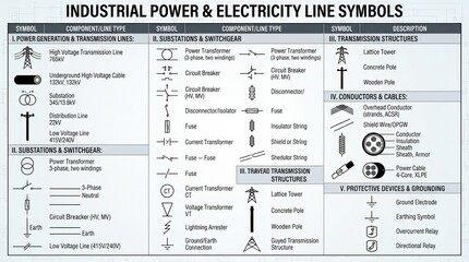 Fototapeta premium Comprehensive Industrial Power and Electricity Line Symbols Diagram for Electrical Engineering, Grid Infrastructure, and Energy Transmission Systems