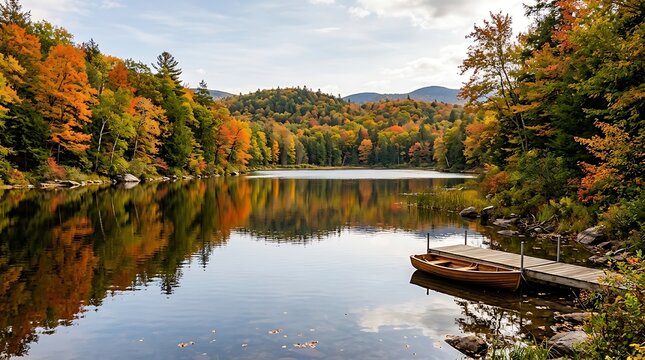 Autumn river scene with canoe and fall foliage.