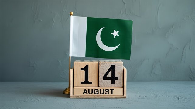 Pakistan Independence Day wooden block with national flag and August 14 date on concrete background