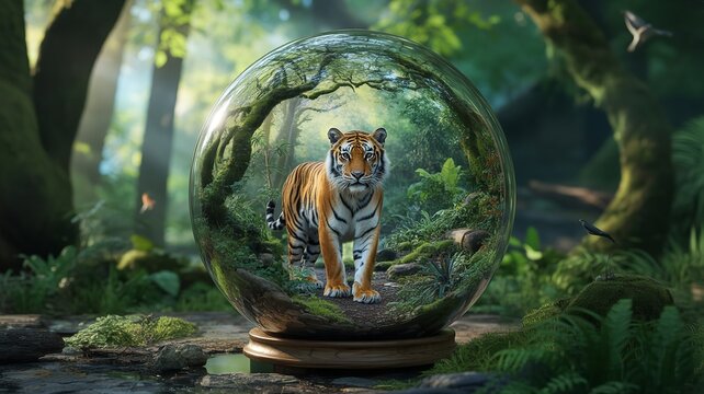 Tiger reflected in crystal ball on mossy log in lush green forest