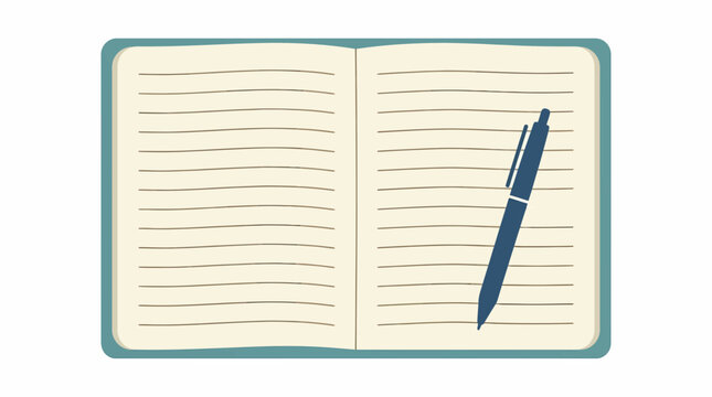 Flat illustration of an open lined notebook with a blue pen for diary writing journal entries and education notes on white background