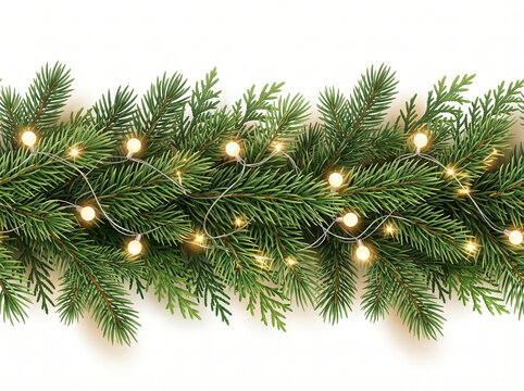 Festive Christmas evergreen garland with warm glowing fairy lights on white background holiday border with pine and fir branches for winter decoration