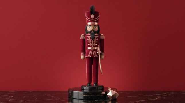 a classic wooden Nutcracker soldier. He stands tall wearing a red uniform with gold details, a tall red hat, white mustache, and beard, holding a gold spear in his left hand. 