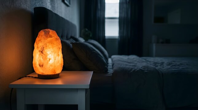 Himalayan salt lamp glowing on a bedside table in a cozy dark bedroom