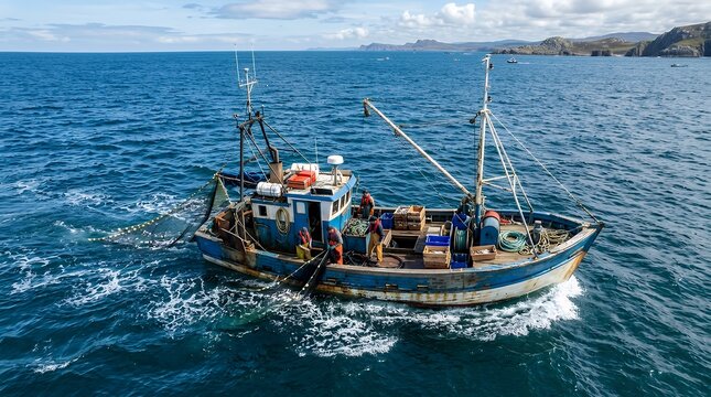Fishing trawler crew working on open sea, hauling nets with fresh catch aboard