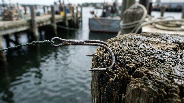 Rustic fishing hook firmly attached to an aged wooden dock piling in a working port setting
