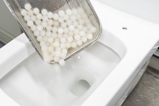 Test the toilet's flushing ability by dropping an object into it.