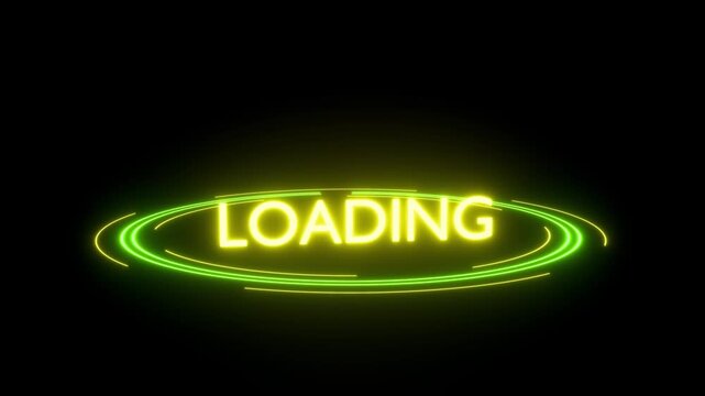 Loading screen animation with neon green and yellow text, digital data processing and technology concept, seamless loop 4K, This seamless loop 4K video provides a futuristic user interface element