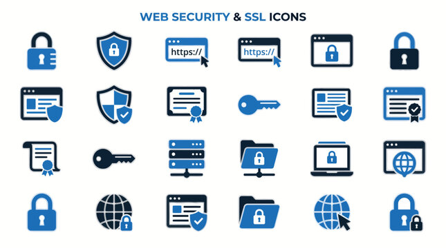 Set of twenty four modern blue and dark gray web security and ssl data protection icons with displays collection twenty encryption network privacy