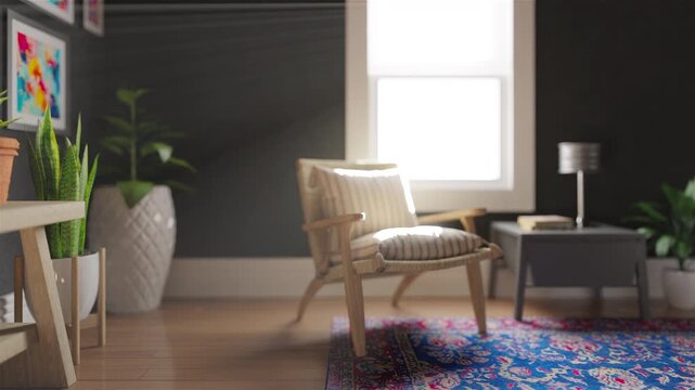 Slow camera pan through a cozy, dark-walled living room with a wooden armchair, patterned rug, potted plants, and warm window light