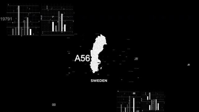 Sweden map animation showcasing economy, infrastructure, technology, population, energy, trade, and national development data for presentations, films, documentaries, and motion graphics.