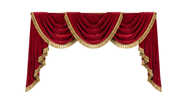 A deep red velvet window valance with gold trim, featuring three scalloped drapes across the top and two triangular drapes on either side, displayed against a plain white background.