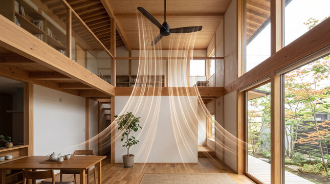 吹き抜けのある木造住宅でシーリングファンが空気を循環させる気流のイメージ