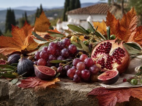 Herbstliches Stillleben in Spanien mit Trauben, Feigen, Granatapfel und Olivenzweigen. Mediterranes Reisebild voller Farbe, Erntegef&uuml;hl und kulinarischer Atmosph&auml;re im warmen Tageslicht.