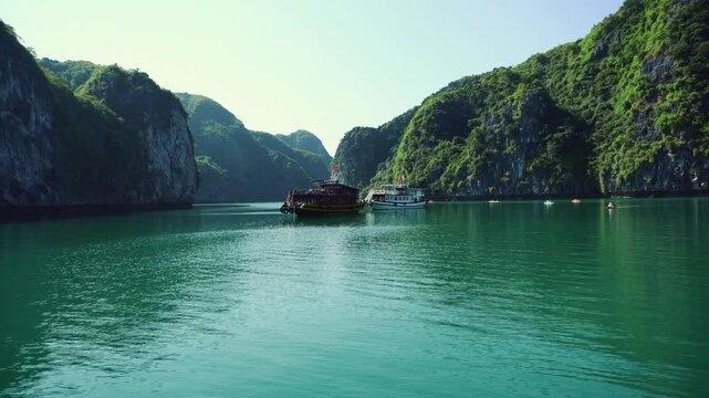 Tourist boats sailing through calm green waters surrounded by towering limestone cliffs and dense jungle vegetation in Halong Bay, Vietnam during daytime.