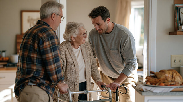 A mobility coach steadies an older couple navigating a modest kitchen doorway with a walker and cane, a golden roasted Thanksgiving turkey visible on a nearby modest countertop as