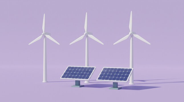 Clean energy generation, sustainable power solutions with wind turbines and solar panels. Eco-friendly electricity production, renewable resources for a greener future.