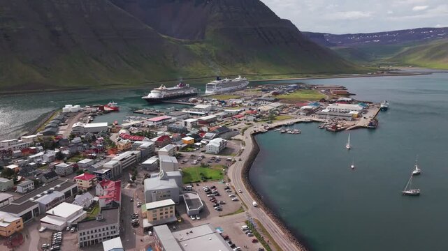 Drone view of Isafjordur, scenic town and port in Westfjord region of Iceland