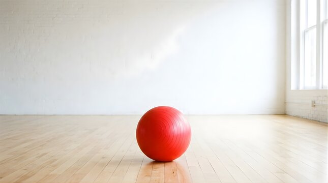 Red exercise ball on wooden floor in a minimalist bright fitness studio