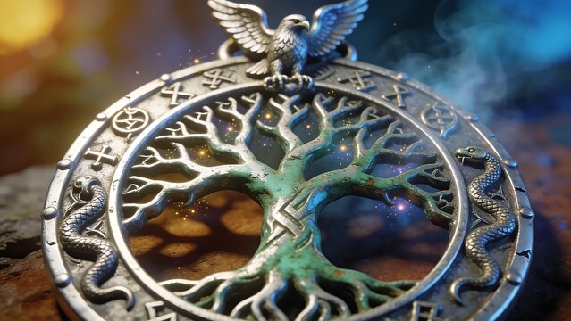 Mystical tree of life amulet with eagle and serpent symbols