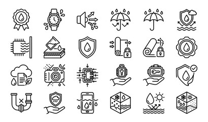 Fototapeta premium Modern Waterproof Line Icon Set with Water Resistant Shield and Packaging Symbols