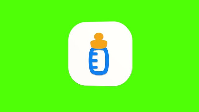 3D animated baby bottle icon on a white rounded card with a green screen background. Smooth loop motion, perfect for mobile app UI, milk feeding, and video editing elements.