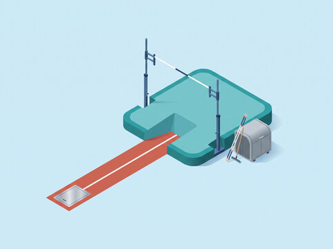 Isometric illustration of pole vaulting track and equipment