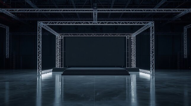 Modern Stage Structure with Lighting and Screen in Dark Industrial Space.
