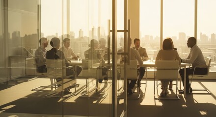 Fototapeta premium Diverse Business Team Having a Meeting in a Modern Office Boardroom with City View at Sunset Golden Hour