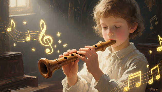 Young boy playing a wooden flute and surrounded by musical notes  