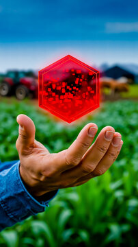 A person holding a red hexagon in their hand in front of a field