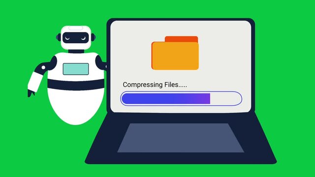 Robot Compressing Files on Laptop Screen Animation - Green Screen Tech Motion