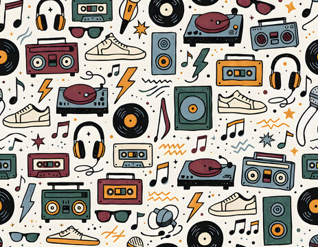 Retro music equipment seamless doodle pattern with vintage boombox turntable vinyl records and headphones illustration for fabric design