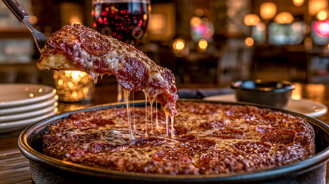 Slice of hot pepperoni pizza being lifted with stretchy melted cheese, pepperoni