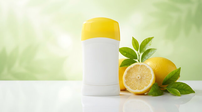 Blank White Deodorant Stick Mockup with Fresh Lemons on Green Background