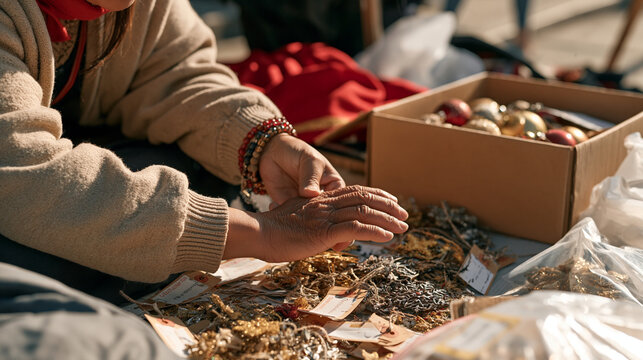 Palm reader at an outdoor autumn market with dried Christmas decoration storage labels spread around her, reading the creased lifeline of a calloused hand beside a cardboard box