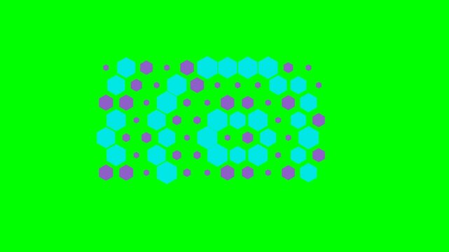A geometric pattern of alternating blue hexagons and purple dots on green