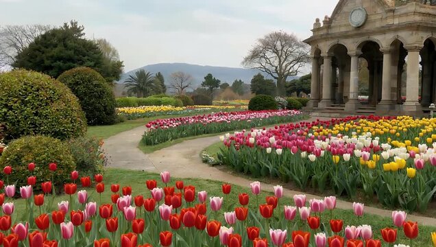 Scenic ultra HD 4K establishing view of the famous Indira Gandhi Memorial Tulip Garden in Srinagar Kashmir showcasing expansive fields of colorful blooming flowers under bright daylight