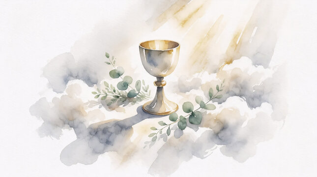 Golden Communion Chalice with Olive Branches Watercolor Christian Illustration