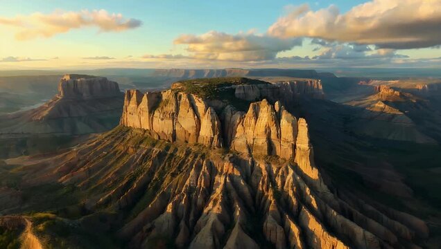Breathtaking 4K aerial panoramic view sweeping across a massive red rock mesa formation illuminated by golden sunrise light highlighting scale and rugged Southwestern wilderness beauty