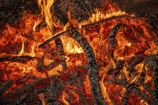 Fiery embers with blazing flames and burnt wood, fire, Finland