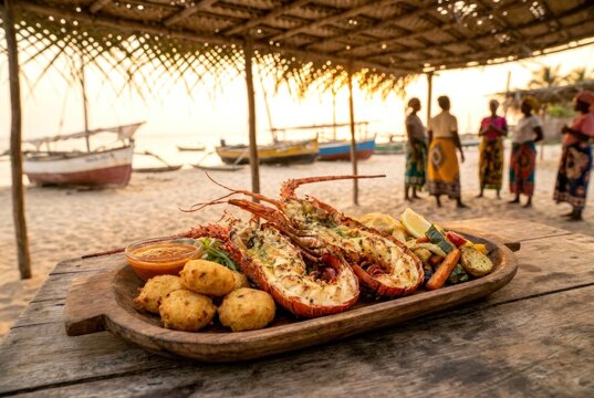 Traditional Grilled Mozambique Rock Lobster Served on a Rustic Beachfront Table at Golden Hour
